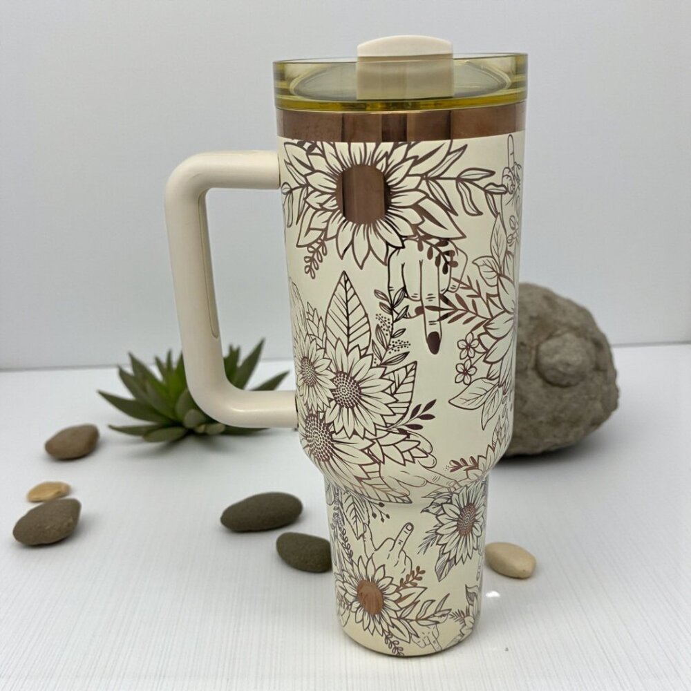 Middle Finger Cream & Copper Sunflower Attitude Tumbler – 40oz Laser Engraved